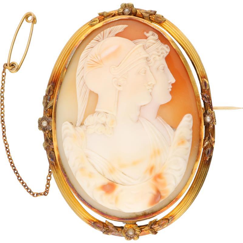 Cameé broche geelgoud, schelp en zaadparel - 18 kt.