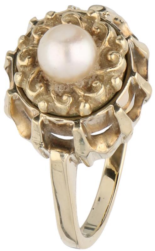 Solitair ring geelgoud, onyx, cultivé parel, rhodochrosiet en kattenoog - 14 kt.