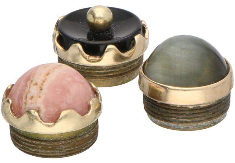 Solitair ring geelgoud, onyx, cultivé parel, rhodochrosiet en kattenoog - 14 kt.