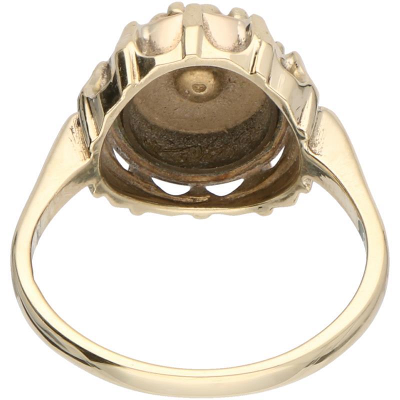 Solitair ring geelgoud, onyx, cultivé parel, rhodochrosiet en kattenoog - 14 kt.