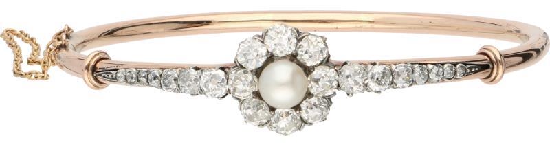 Slavenarmband roségoud, ca. 2.90 ct. diamant en parel - 14 kt. en 925/1000.