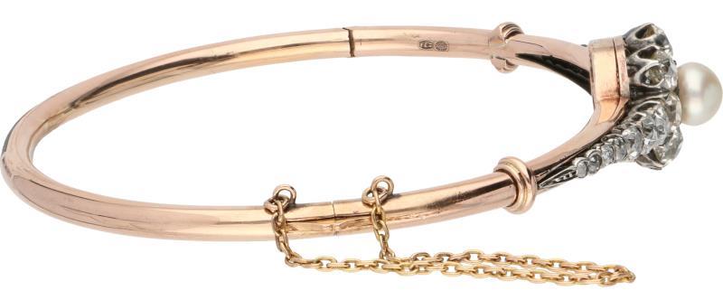 Slavenarmband roségoud, ca. 2.90 ct. diamant en parel - 14 kt. en 925/1000.