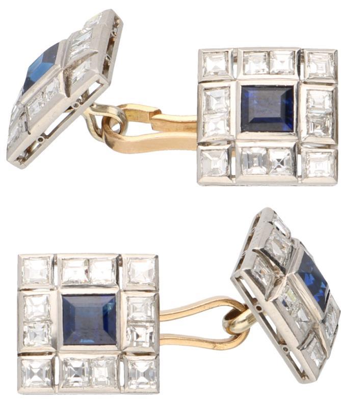 Manchetknopen bicolor goud, ca. 1.92 ct. diamant en saffier - 18 kt.