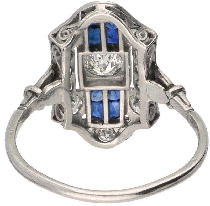Ring platina, ca. 0.65 ct. diamant en saffier - Pt 900.