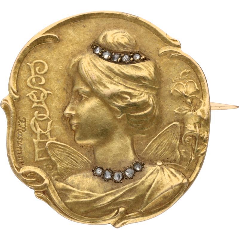 Art Nouveau reliëf medaillon broche geelgoud, diamant - 18 kt.
