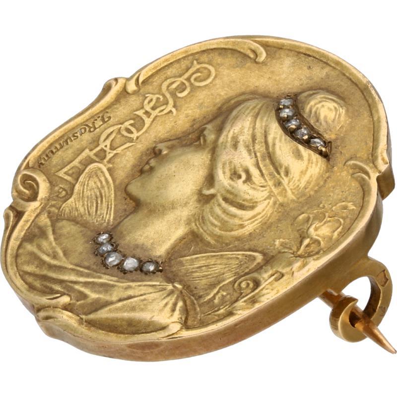 Art Nouveau reliëf medaillon broche geelgoud, diamant - 18 kt.