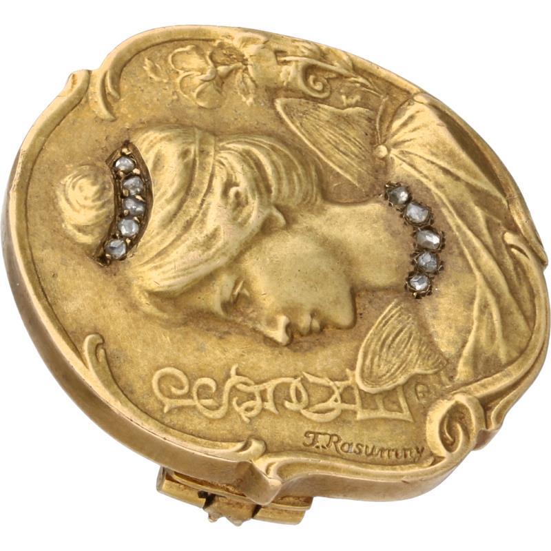 Art Nouveau reliëf medaillon broche geelgoud, diamant - 18 kt.