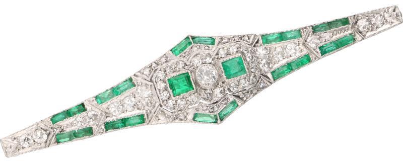 Broche witgoud, ca. 0.51 ct. diamant en smaragd - BWG 10 kt.