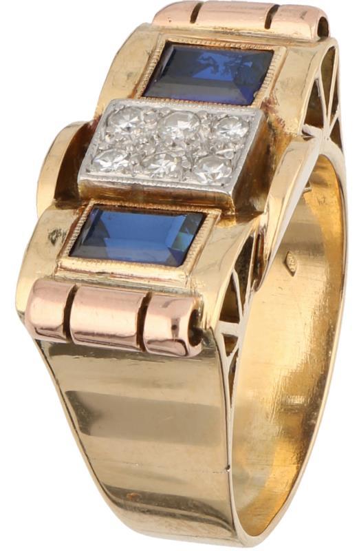 Tankring bicolor goud, ca. 0.18 ct. diamant en saffier - 18 kt.