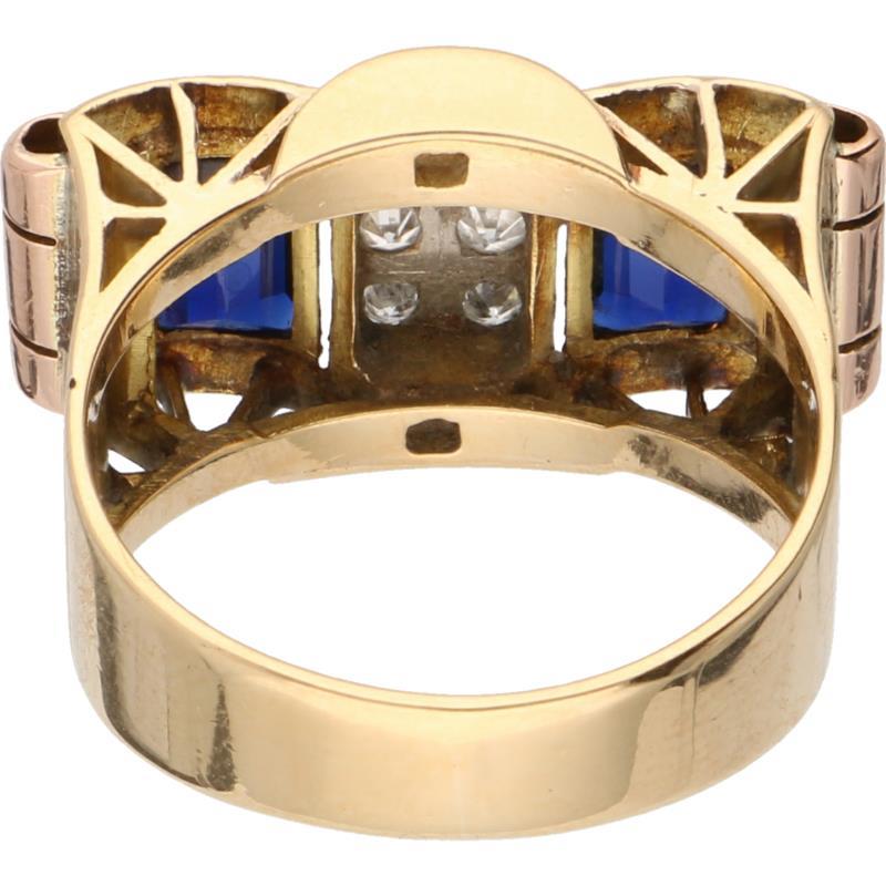 Tankring bicolor goud, ca. 0.18 ct. diamant en saffier - 18 kt.