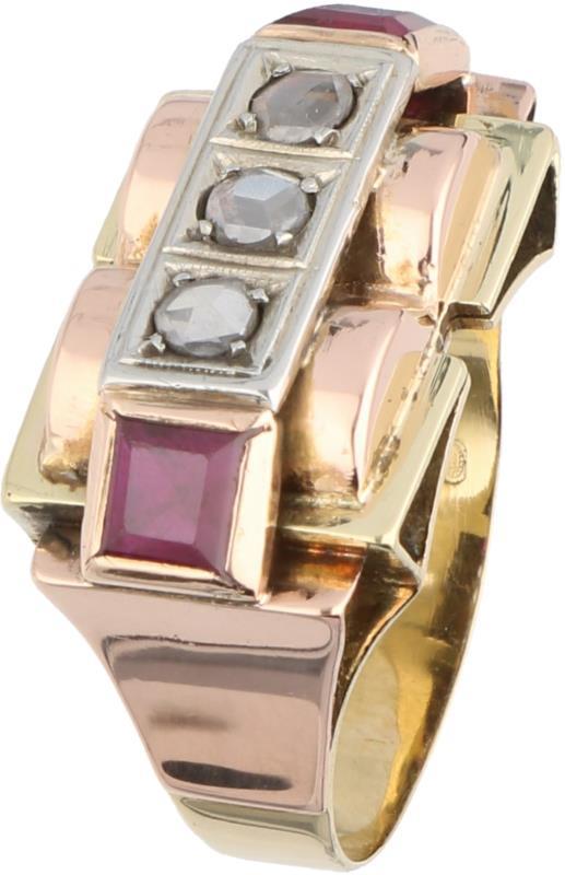 Tankring bicolor goud, diamant en robijn - 14 kt.
