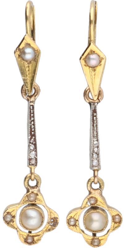 Oorbellen bicolor goud, diamant en zaadparel - 14 kt.