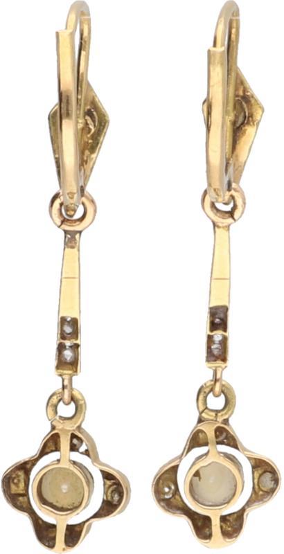 Oorbellen bicolor goud, diamant en zaadparel - 14 kt.
