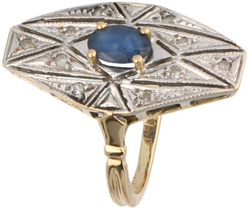 Ring bicolor goud, ca. 0.10 ct. diamant en saffier - 18 kt.