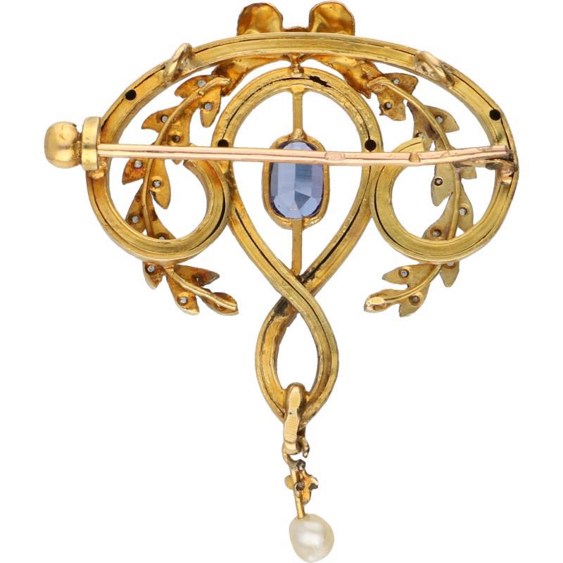 Hanger/broche geelgoud, diamant, blauwe spinel en parel - 18 kt.