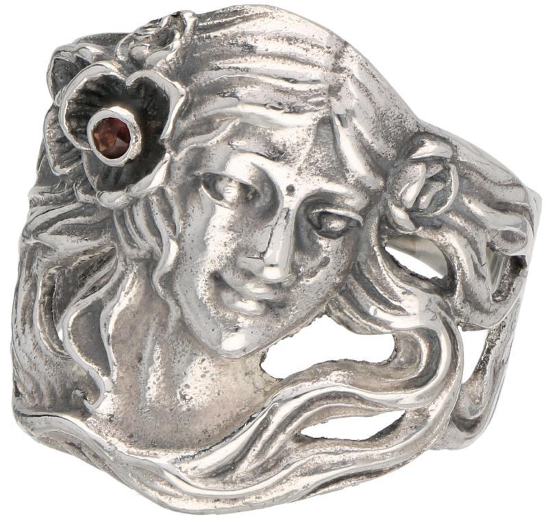 Art Nouveau ring zilver, granaat - 925/1000.