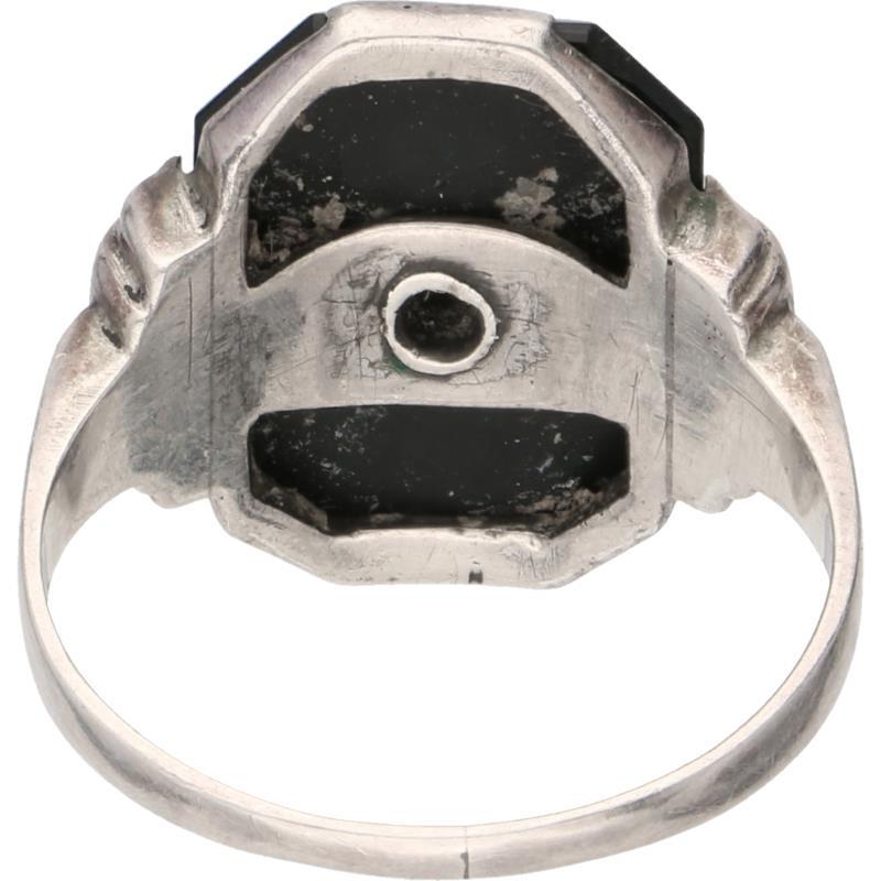 Ring zilver, ca. 0.02 ct. diamant en onyx - 925/1000.