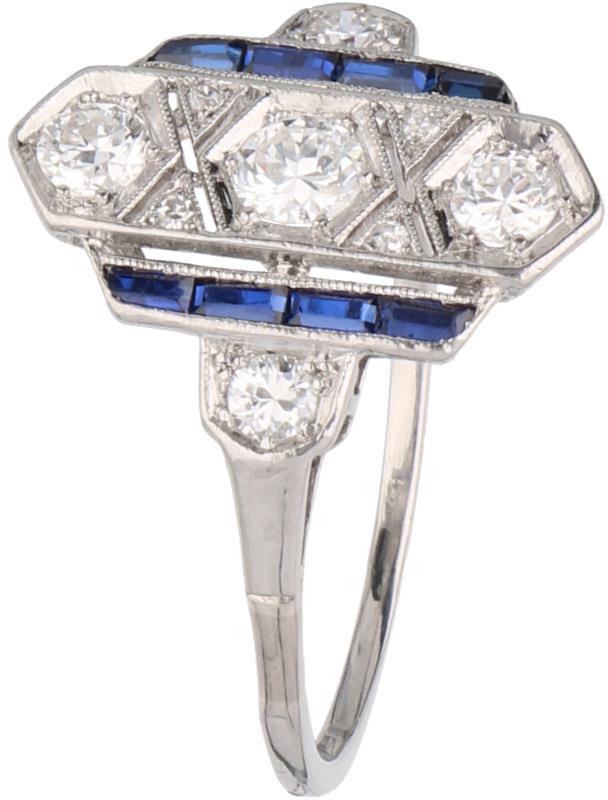 Ring platina, ca. 0.49 ct. diamant en saffier - Pt 900.
