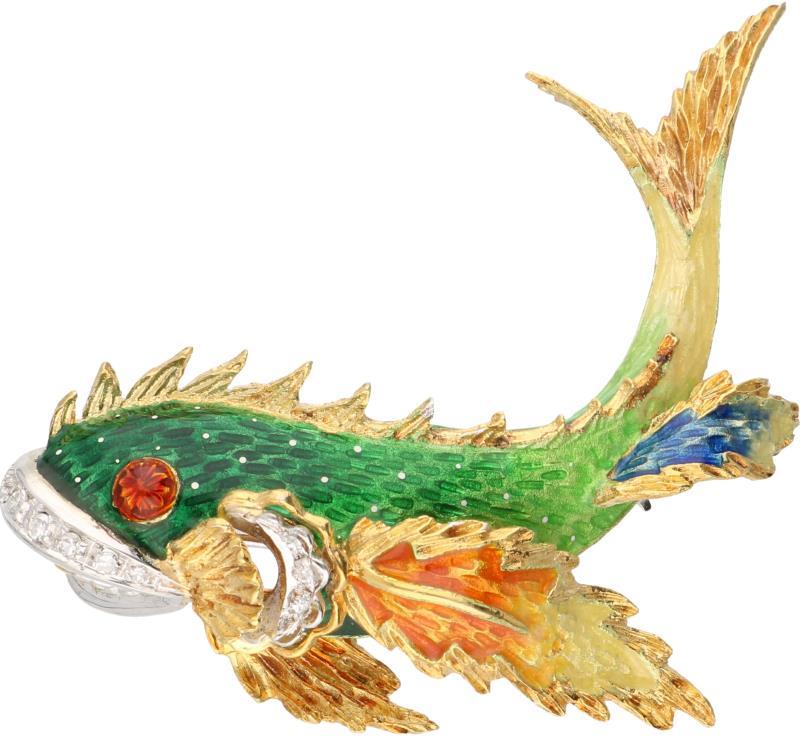 Broche in de vorm van een vis bicolor goud, ca. 0.08 ct. diamant en veelkleurig geëmailleerd - 18 kt.
