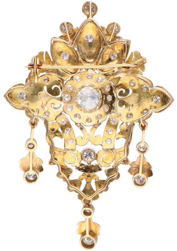 Broche geelgoud, ca. 4.50 ct. diamant - 14 kt.