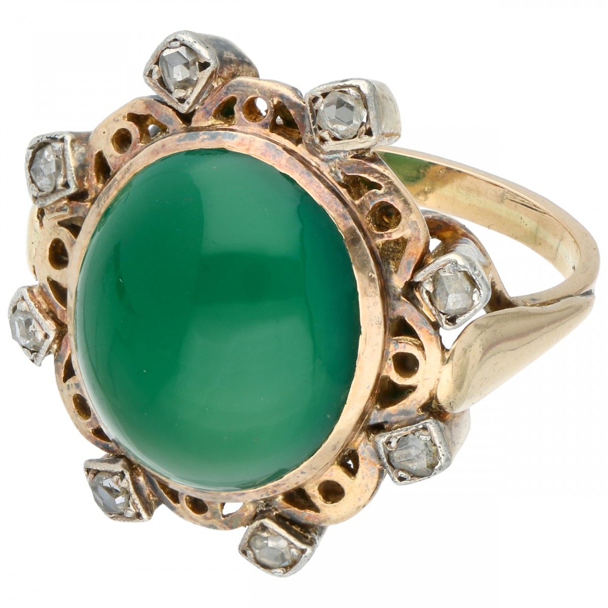 Geelgouden cocktail ring, met 8 roos geslepen diamanten en chrysopraas - 18 kt.