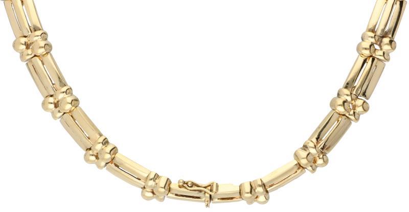 Italiaans design collier geelgoud, ca. 3.10 ct. diamant en robijn - 18 kt.