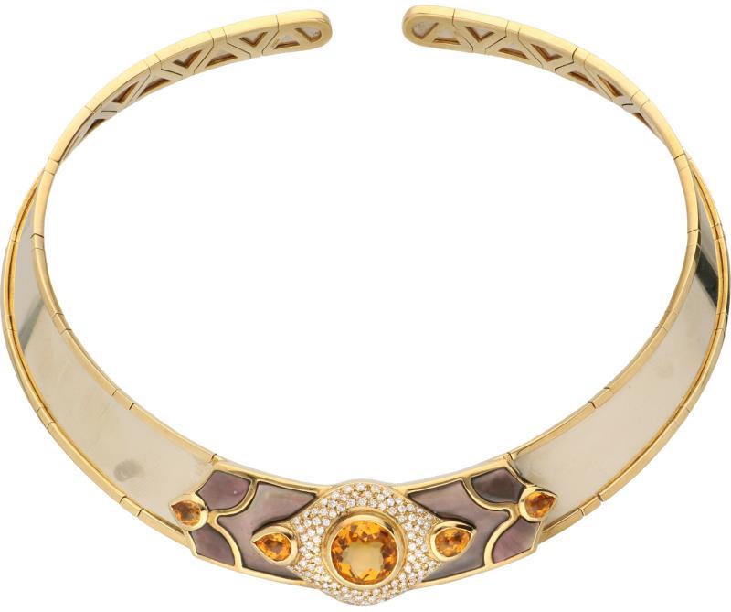 Italiaans design collier bicolor goud, ca. 0.94 ct. diamant, citrien en parelmoer - 18 kt.