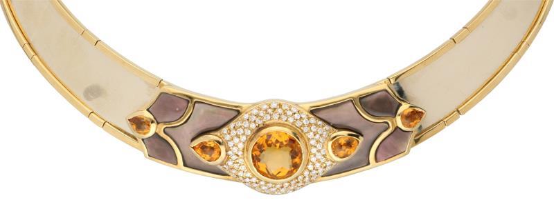 Italiaans design collier bicolor goud, ca. 0.94 ct. diamant, citrien en parelmoer - 18 kt.