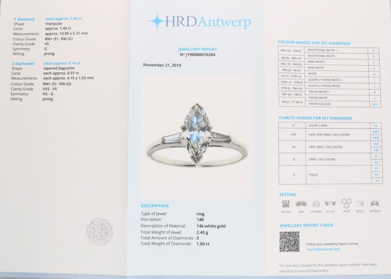 Shoulderring witgoud, ca. 1.60 ct. diamant - 14 kt.