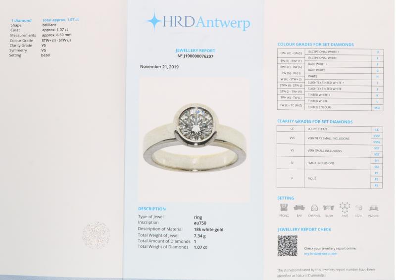 Solitair ring witgoud, ca. 1.07 ct. diamant - 18 kt.