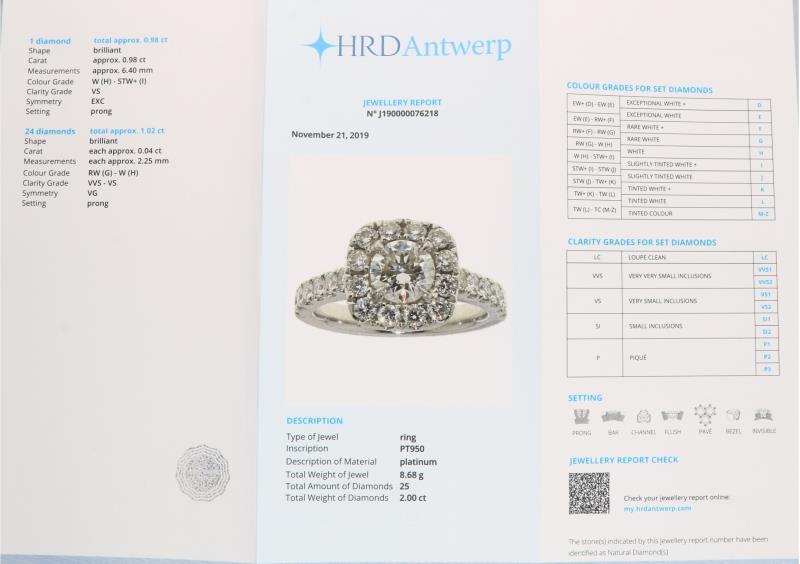 Shoulderring platina, ca. 2.00 ct. diamant - Pt 950.