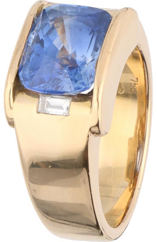 Heren zegelring geelgoud, ca. 0.20 ct. diamant en natuurlijk bauwe saffier - 18 kt.