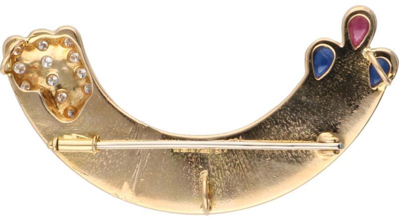 Luth Bijoux regenboog hanger/broche geelgoud, ca. 0.24 ct. diamant, saffier, robijn en glas - 18 kt.