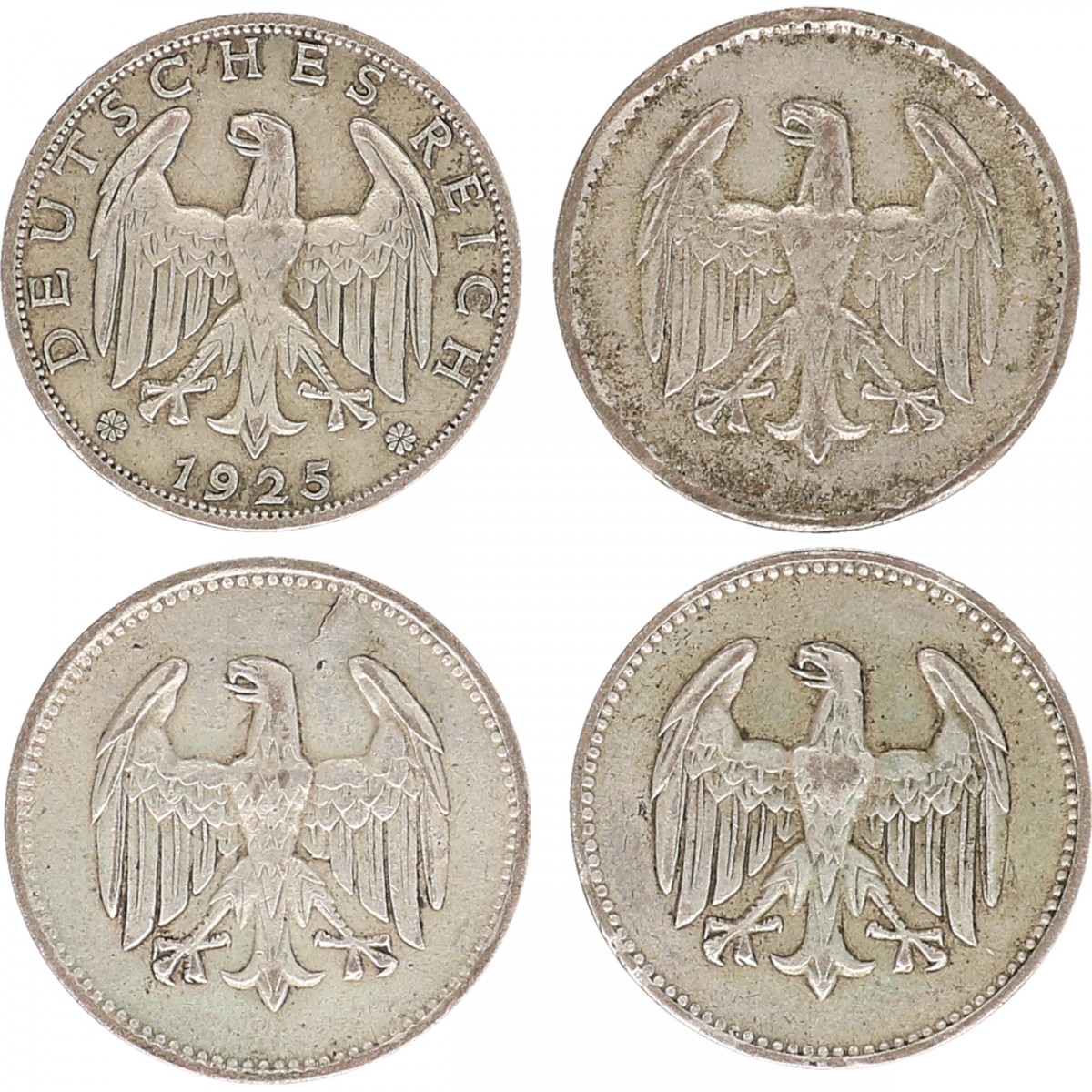 Germany. Weimar Republic. Lot (4) 1 Mark. 1924 A, J, G, 1925 A.