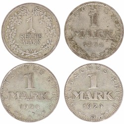 Germany. Weimar Republic. Lot (4) 1 Mark. 1924 A, J, G, 1925 A.