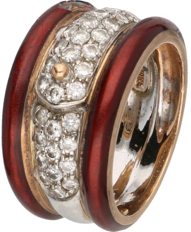 La Nouvelle Bague bandring bicolor goud, ca. 0.72 ct. diamant en bruin/rode emaille - 18 kt.
