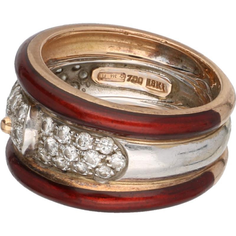 La Nouvelle Bague bandring bicolor goud, ca. 0.72 ct. diamant en bruin/rode emaille - 18 kt.