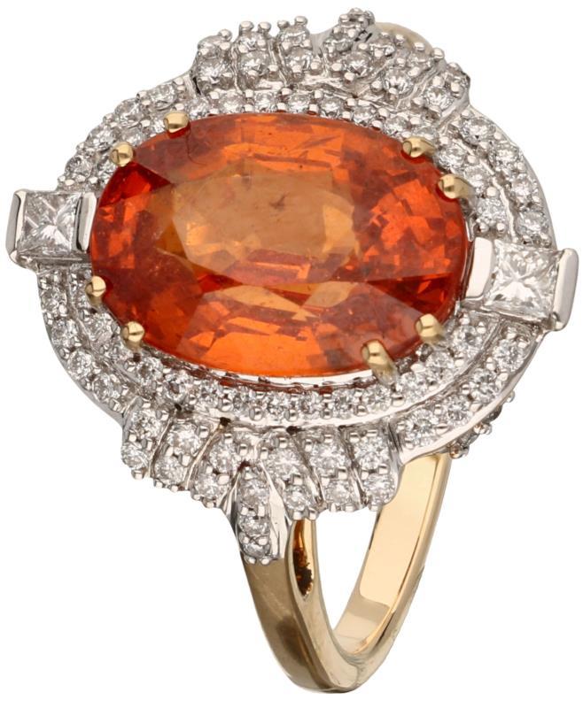 Lorique entourage ring geelgoud, ca. 0.56 ct. diamant en spessartien mandarijn granaat - 18 kt.