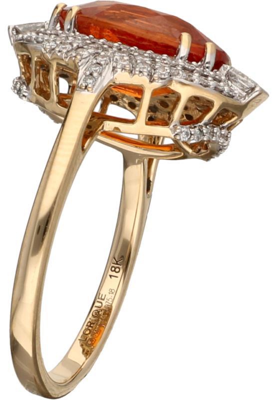 Lorique entourage ring geelgoud, ca. 0.56 ct. diamant en spessartien mandarijn granaat - 18 kt.