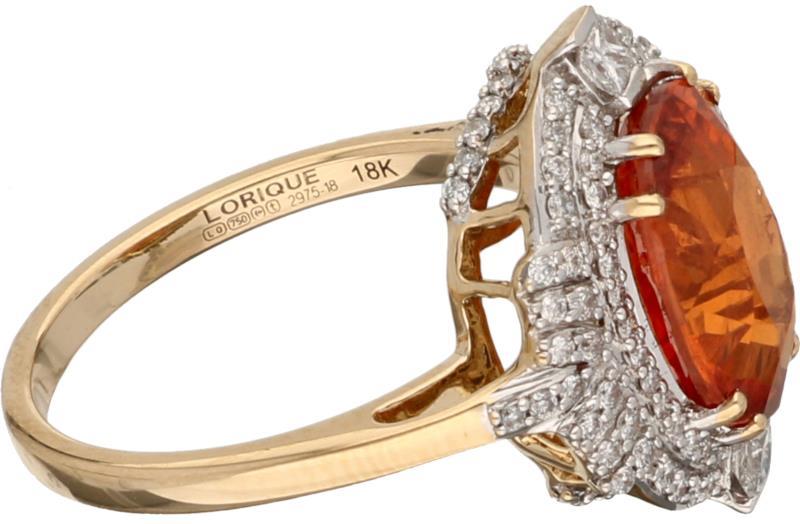 Lorique entourage ring geelgoud, ca. 0.56 ct. diamant en spessartien mandarijn granaat - 18 kt.