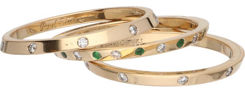 Paul Simons aanschuif ringen geelgoud, ca 0.15 ct. diamant en smaragd - 18 kt.