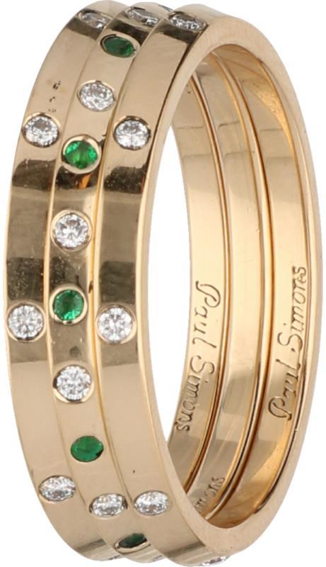 Paul Simons aanschuif ringen geelgoud, ca 0.15 ct. diamant en smaragd - 18 kt.