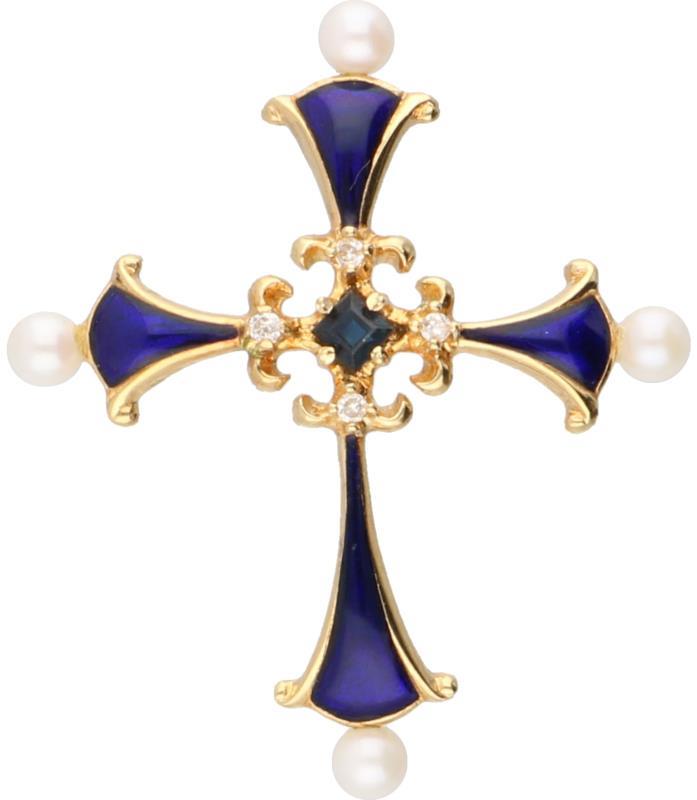 Igor Carl Fabergé 'Het Saffieren Middernacht Kruis' hanger geelgoud, ca. 0.04 ct. diamant, saffier, parel en blauwe emaille - 18 kt.