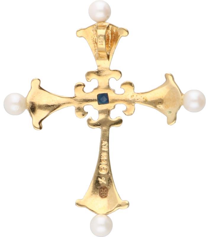 Igor Carl Fabergé 'Het Saffieren Middernacht Kruis' hanger geelgoud, ca. 0.04 ct. diamant, saffier, parel en blauwe emaille - 18 kt.