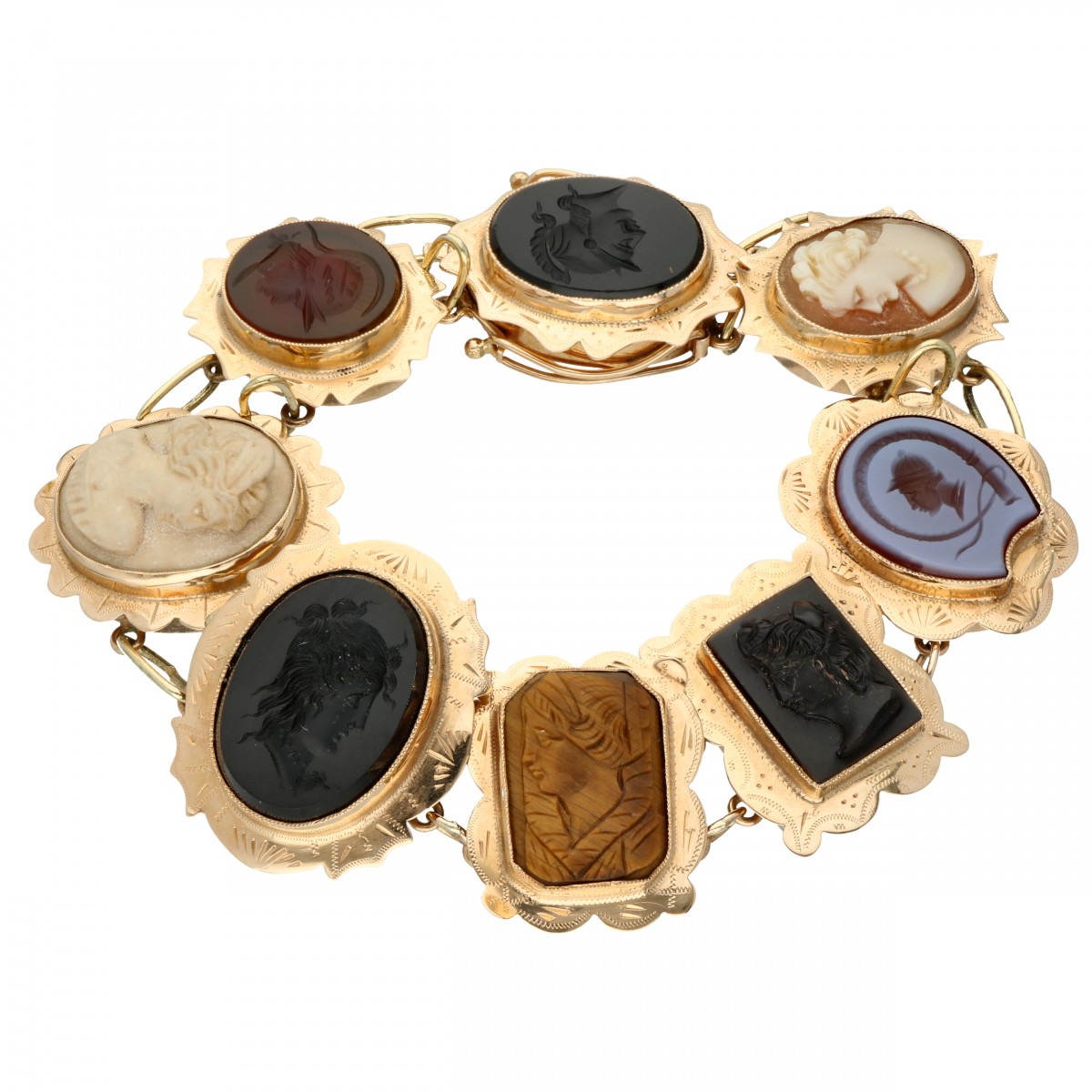 Rosegouden cameé armband, met lagensteen, tijgeroog, onyx, kwarts agaat en schelp - 14 kt.