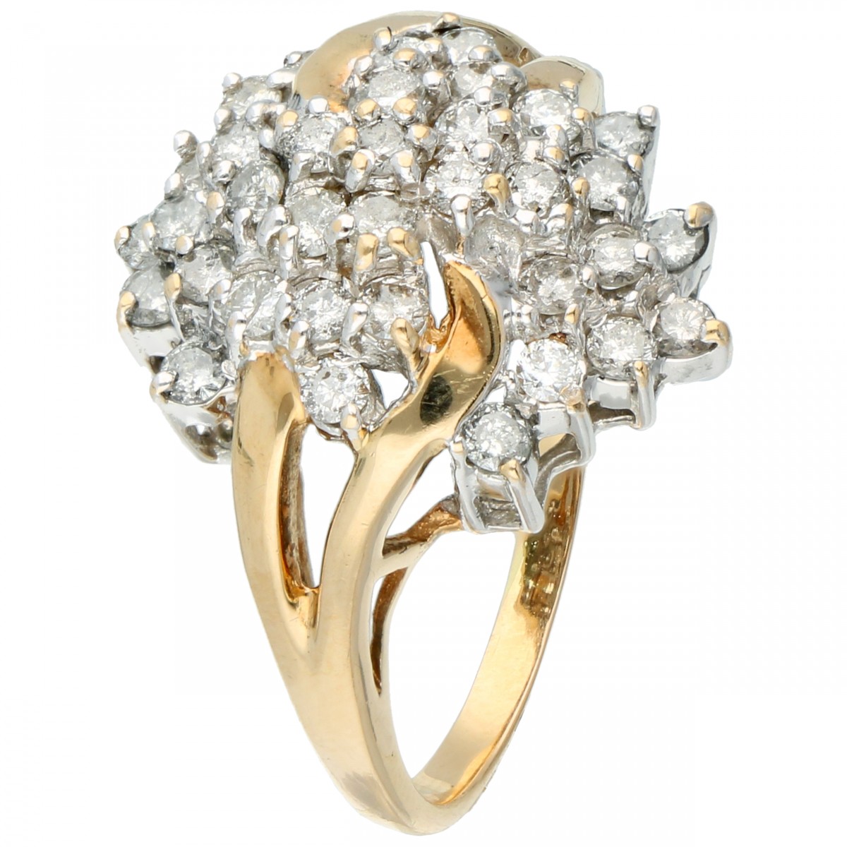 Geelgouden entourage ring, met ca. 0.68 ct. diamant - 14 kt.