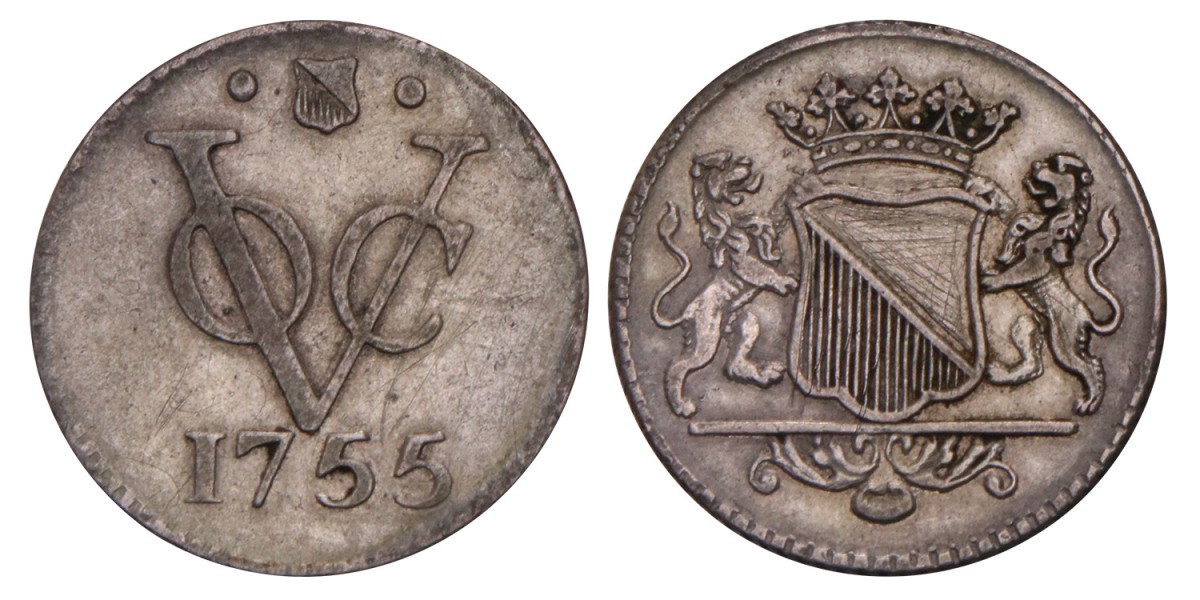 V.O.C. Duit, afslag in zilver Utrecht 1755. Zeer Fraai (RR). (5316)