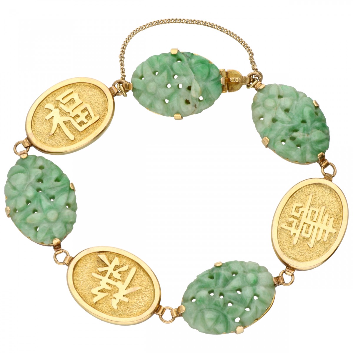 Geelgouden armband, met floraal gesneden jade - 18 kt.