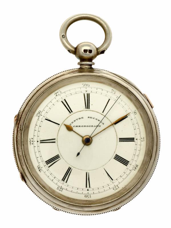 Zakhorloge zilver, Engels snek ankergang Chronograaf - Herenzakhorloge - Handopwindbaar - Ca. 1885.