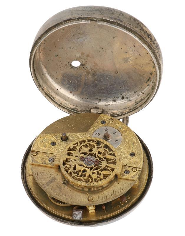 Zakhorloge verzilverd, snek spillegang ''D.D. Neveren, London'' - Herenzakhorloge - Handopwindbaar - Ca. 1860.